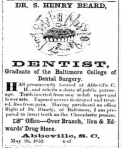 Dr. Beard offering dental surgery in 1859. Courtesy of the Abbeville Banner