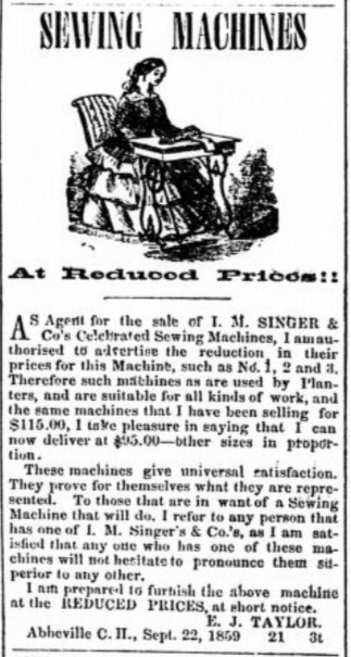 Reduced prices on sewing machines - 1859, the Abbeville Banner
