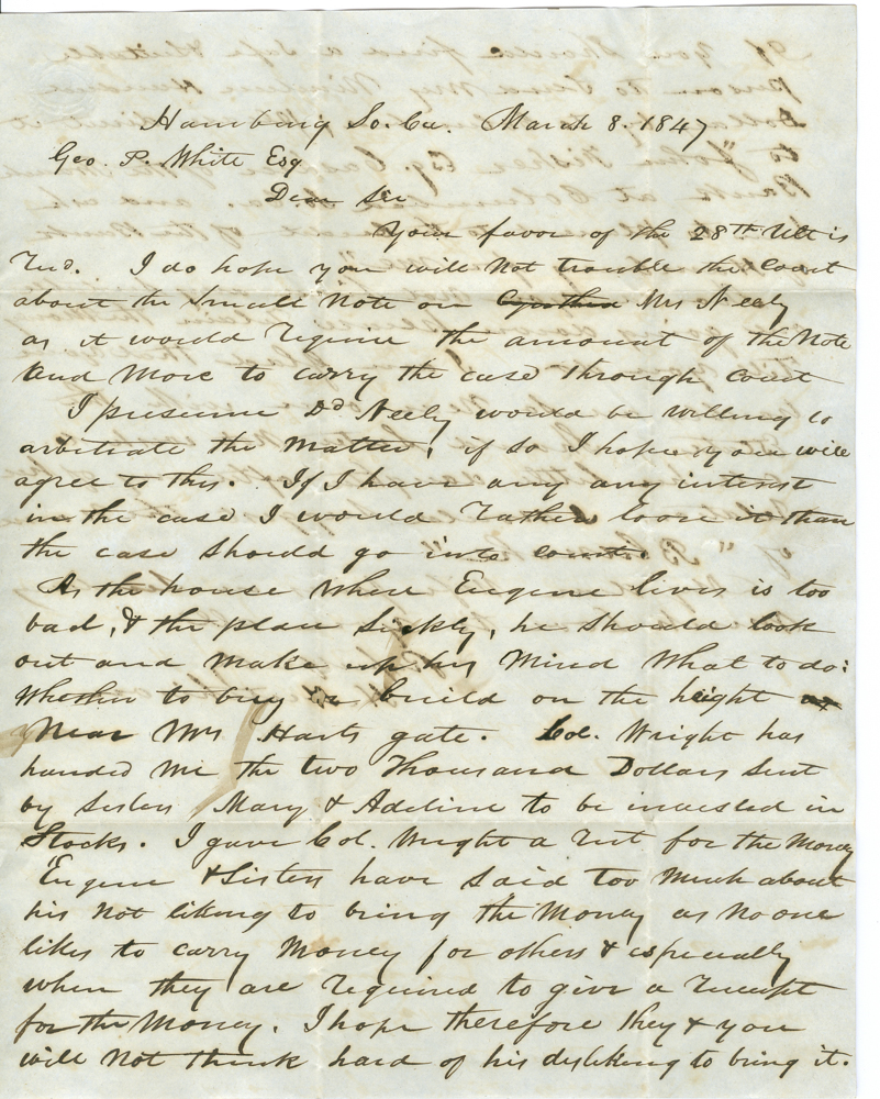 LETTER TO GEO. P. WHITE FROM HIRAM HUTCHISON, 1847 - SEND MONEY BY BANK OF COLUMBIA