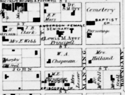 1889-90 Map of Downtown Anderson, S.C. showing the location of the Seminary, Lewis M. Ayers, Principal.