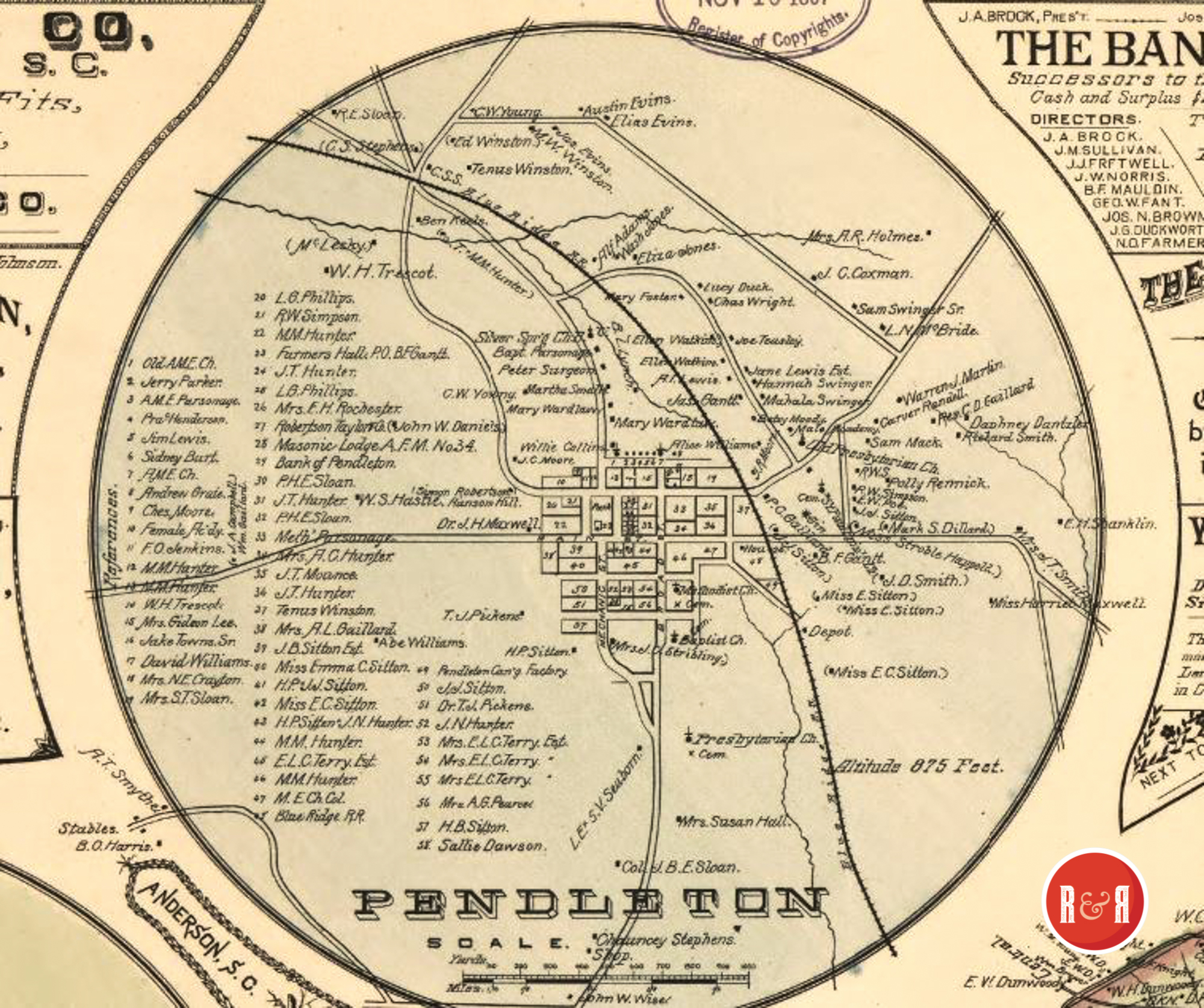 PENDLETON SC - MAP ENLARGEMENT / 1896