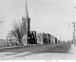 Central Presbyterian Church, 1914. The two buildings in the distance are the Post Office and Library. The buildings between the church and the Post Office are no longer standing.