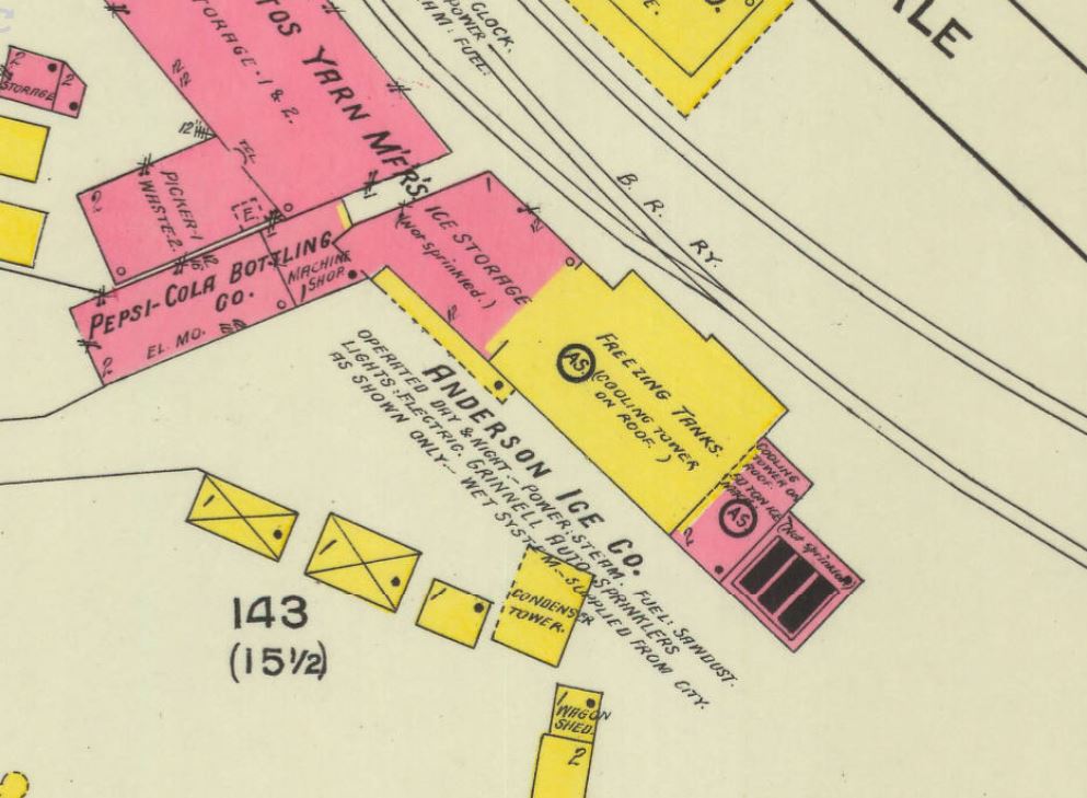 Sanborn Map diagram showing the Anderson Ice Co. in 1918
