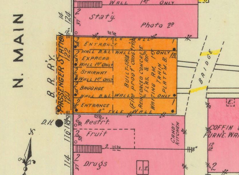 Sanborn Map diagram of the Passenger Station on N. Main St., 1918