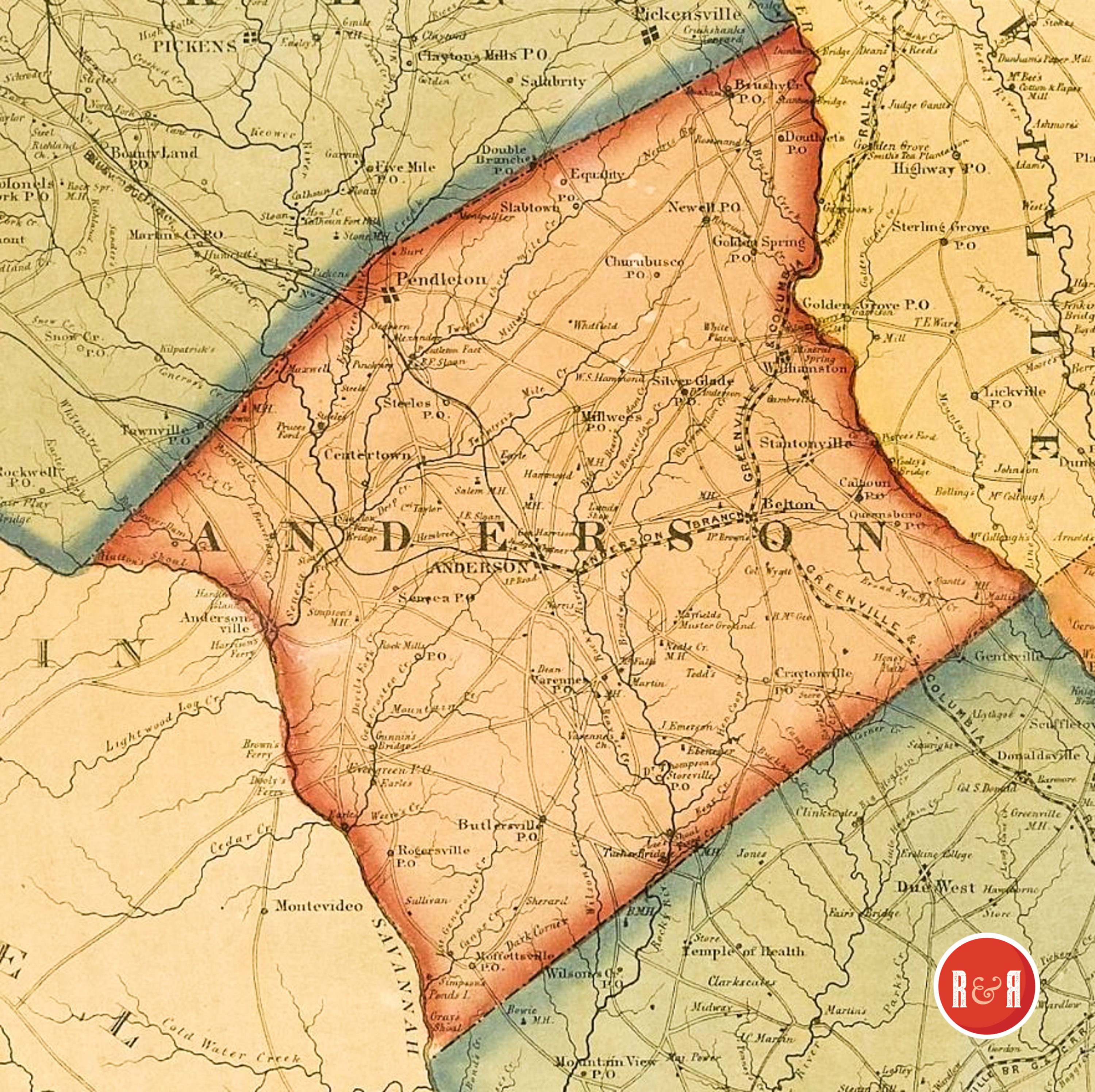 Colton's 1854 Map of Anderson County - Enlarged
