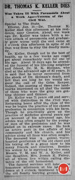 Death of Dr. Thomas K. Keller, Mrs. Fairey's father dies....