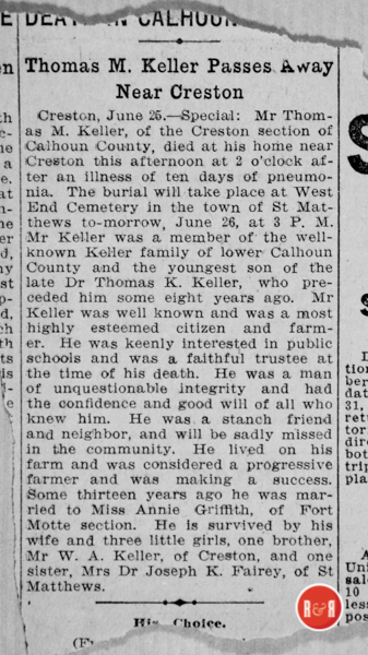 Death of Thomas M. Keller, Mrs. Fairey's bother....