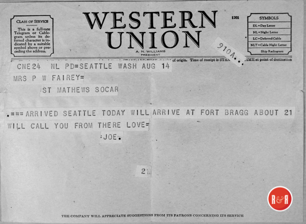 Telegraph from Joe Fairey to his mother, Isabel S. Fairey, on his return to the USA, from Japan at the end of WWII...