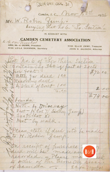 Note the attorney for the Camden Cemetery Association was John K. DeLoach. Courtesy of the Camden Archives and History - 2016
