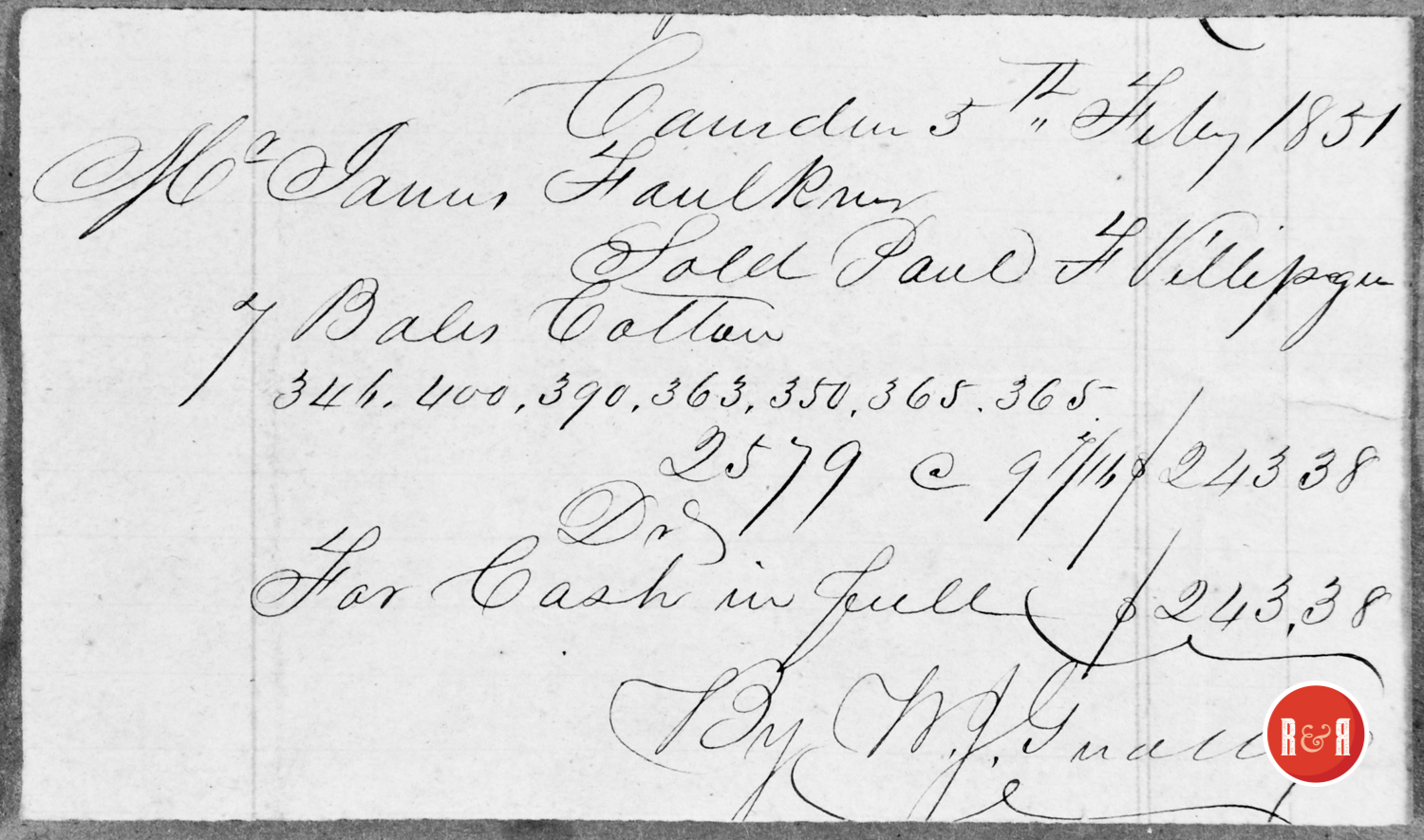 RECEIPT FOR COTTON PURCHASES FROM PAUL F. VILLIPEQUE - 1851