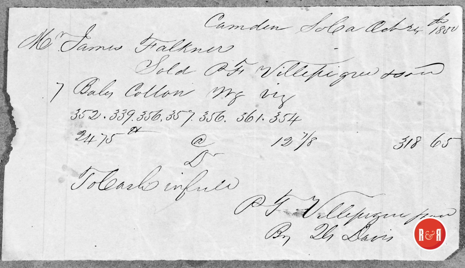 RECEIPT FOR COTTON PURCHASES FROM PAUL F. VILLIPEQUE - 1850