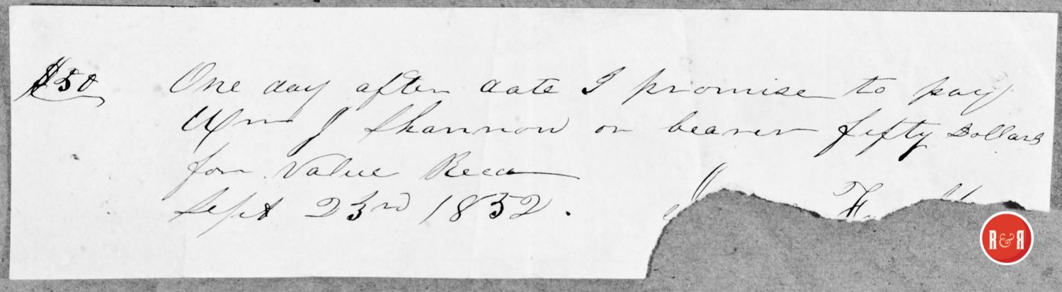 LOAN BY SHANNON TO JAMES FAULKNER - 1852