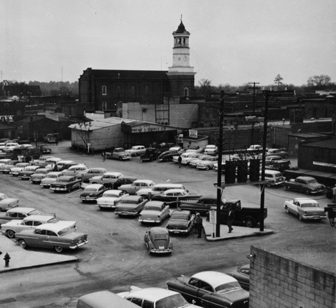 Early image of the Camden clock tower in downtown Camden. The clock was later removed and is preserved at the Camden Archives and Museum building.
