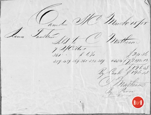 Purchase of Faulkner's cotton bales in March 1855. Faulkner Collection - 2018