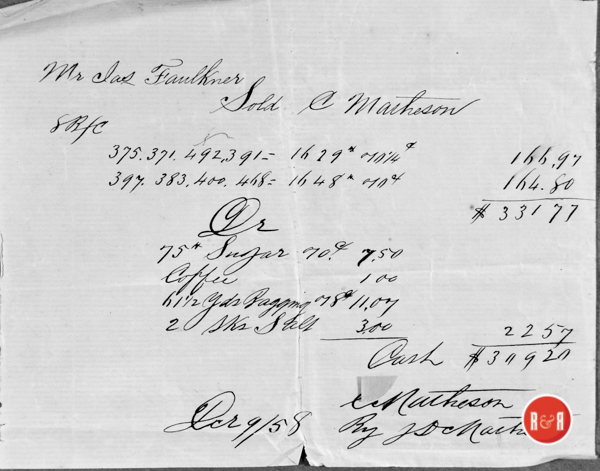 Purchase of Faulkner's cotton bales in 1858. Faulkner Collection - 2018