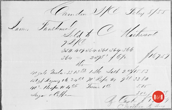Purchase of Faulkner's cotton bales in Feb. 1855. Faulkner Collection - 2018