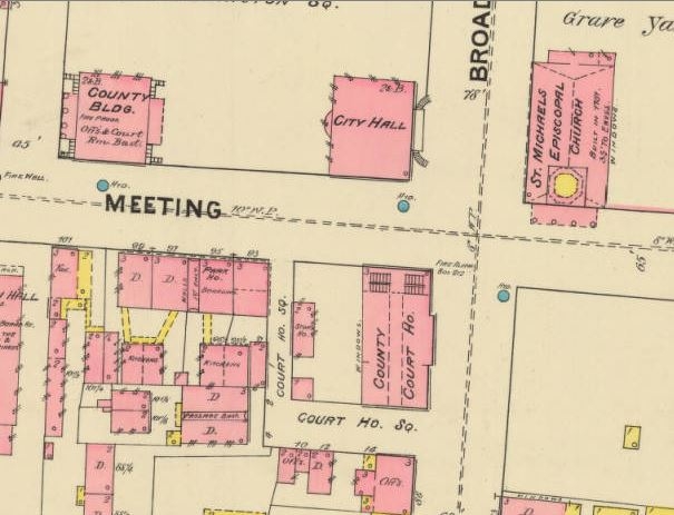 Excerpt from the 1888 Sanborn Map of the crossroads of Meeting and Broad Streets