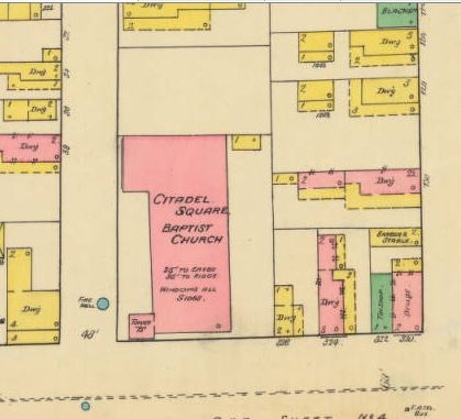 Note the Citadel Baptist church on this 1888 excerpt of the Sanborn Map for Charleston, S.C.