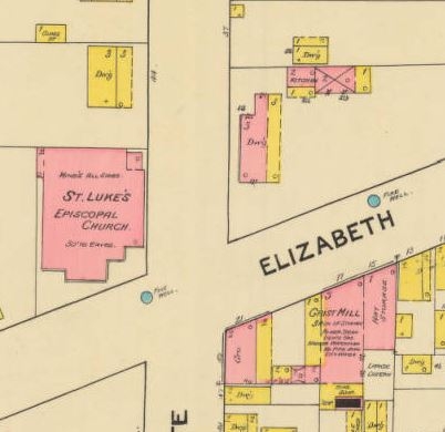 A diagram of the area in 1888, showing this as the St. Luke’s Episcopal Church site.