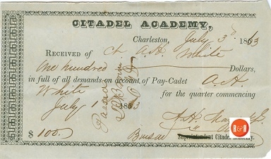 Payment in 1853 for A.H. White to attend the Citadel Academy. Courtesy of the White Family Collection – 2008
