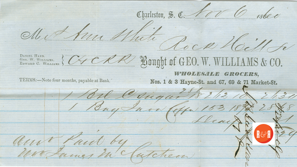 Ann H. White of Rock Hill regularly purchased goods in Charleston and had them shipped by rail to her home.  