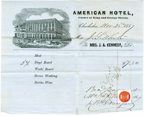 James S. White’s bill at the American Hotel in 1857. Ms. Mary Elizabeth White also stayed at the hotel during the same period. White Family Collection – Courtesy of White Collection/HRH, 2015
