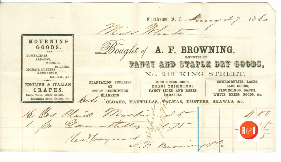 A.F. Browning's account with Ann H. White of Rock Hill, S.C. - 1860 - Courtesy of the White Collection/HRH 2008