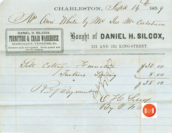 Bill of sale for furniture which remains today at the Historic White Home in Rock Hill, S.C., purchased from Mr. Silcox in 1859. Courtesy of the White Family Collection - 2008