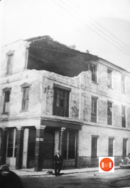 Tornado damage in 1938 of the corner building (#199 East Bay), at the corner of East Bay and Cumberland Streets. Courtesy of the Myers Truluck Family Collection - 2016