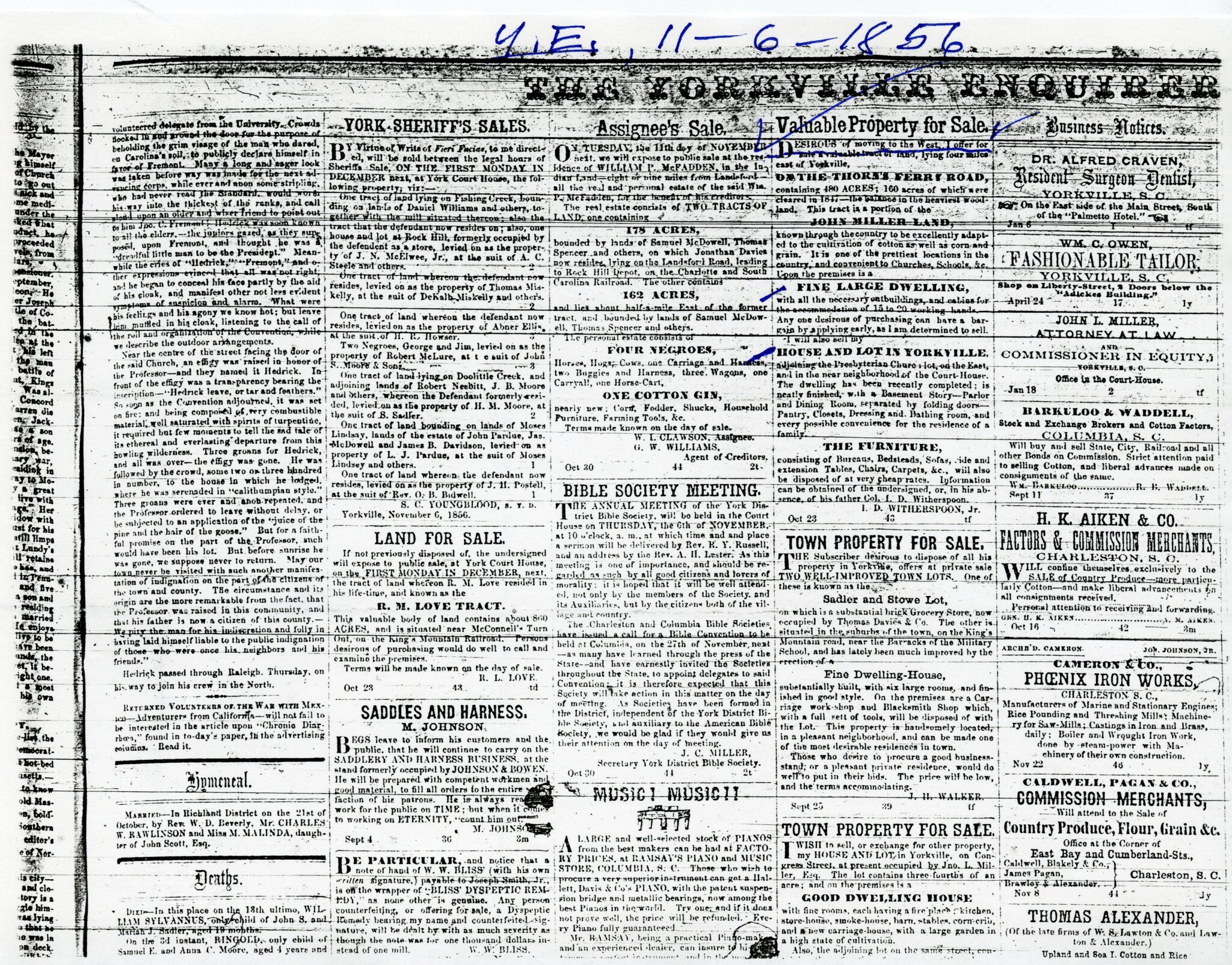 IRONWORKS AD IN THE YORKVILLE ENQUIRER - 1856