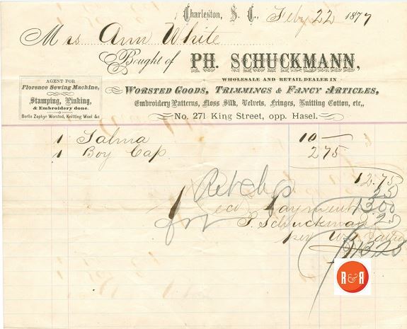 Mrs. Ann White of Rock Hill, S.C. ordered goods from the Schuckmann Co., in 1877. Courtesy of the White Family Collection - 2008