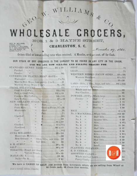 Wholesale grocery list from the George W. Williams Company at #1-3 Hayne St., Charleston, S.C. – Courtesy of the Douglas Collection – 2015