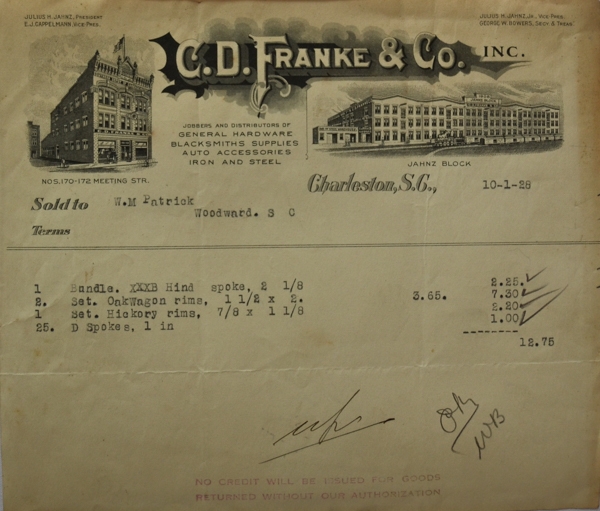 A store receipt for W.M. Patrick of Woodward, S.C. in Fairfield County dated  Oct. 1, 1928.