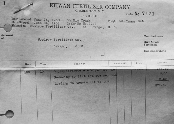 The Woodrow Fertilizer Company of Sumter County was conducting business with the Etiwan Company in 1938.
