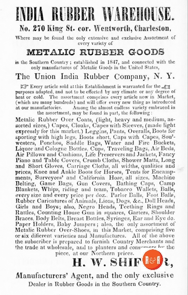 Ad in 1852 for the India Rubber Warehouse in Charleston, S.C.