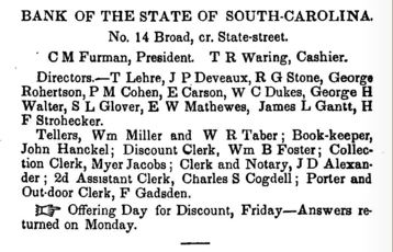 List of officers of the Bank of the State of SC in 1852