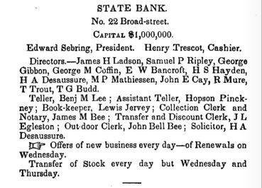 The State Bank was listed at this address in the 1852 Charleston City Directory