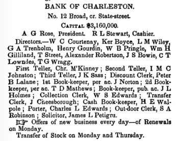 Listed at #12 Broad St., was the Bank of Charleston, S.C.