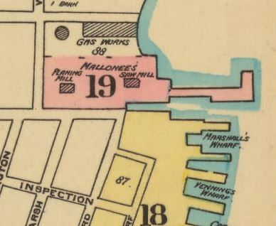 The 1888 Charleston Sanborn map shows the Mallonee’s Saw Mill and Planning Mill on the Cooper River.  Clearly lumber milling continued as a thriving business in Charleston’s downtown history.