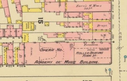 Charleston Sanborn Map excerpt of the location in 1888, showing the Academy of Museum and Opera House on King Street.