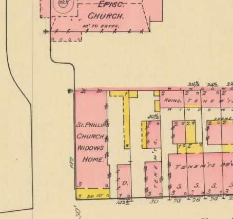 An 1888 diagram showing the St. Phillip’s Widows home on Church Street.