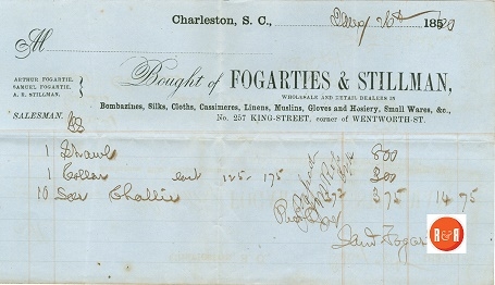 Receipt for goods purchased in Charleston by the White Family of Rock Hill, S.C. in 1850. Courtesy of the White Family Collection – 2008