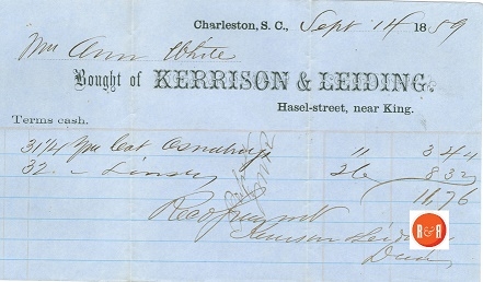 The White Family was patronizing the firm of Kerrison and Leiding in 1859 which was then around the corner on Hasel Street. It appears the concern later moved to King Street. Courtesy of the White Family Collection – 2008