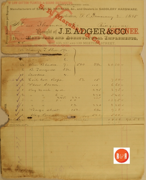 Receipt from the Adger Company operating at at this location in 1885.