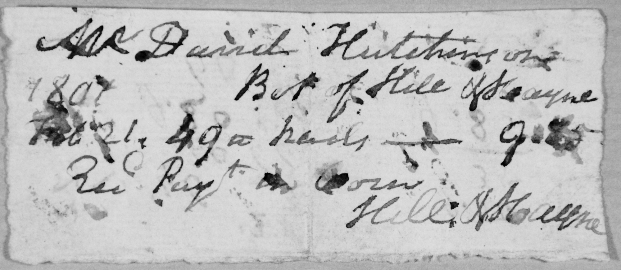 HILL AND HAYNE IRONWORKS BILL FOR NAILS, 1801 TO DAVID HUTCHISON OF YORK COUNTY SC