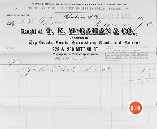 T.R. McGahan and Co., receipt from the Thomas Store in Ridgeway, S.C. – 2016