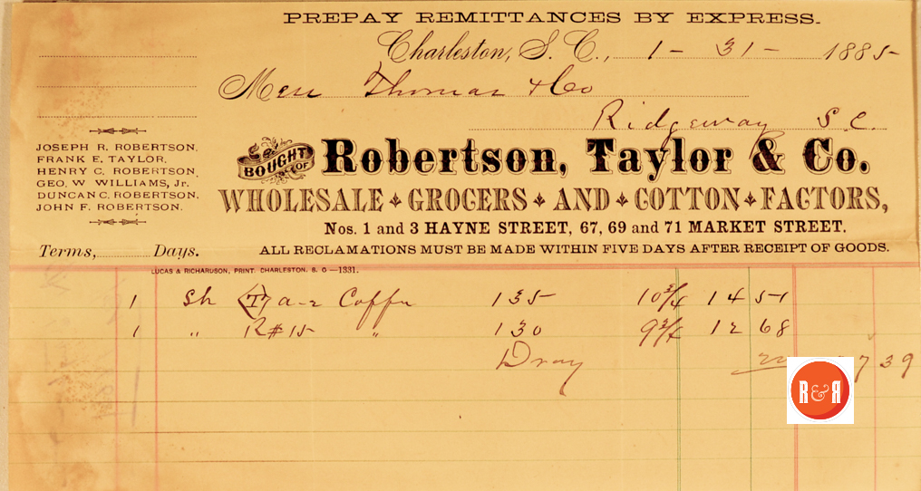 Bill of sale in 1885 at the traditional location of the Williams Grocery. Courtesy of the Thomas Store Collection, Ridgeway, SC