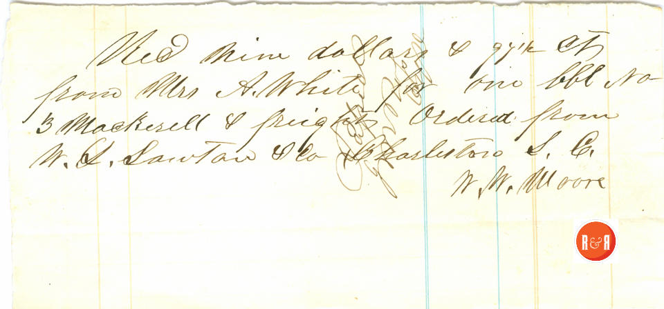 Receipt from W.M. Lawton of Charleston for funds received from Ann H. White of Rock Hill, SC, 185