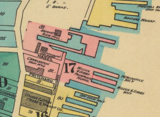 The Charleston Ironworks complex shows on this 1888 excerpt from Sanborn map. The ironworks was one of many throughout the city in the late 19th century, and would have played an important role in the structural refitting of shofits, mouldings, and iron rods being used to stabilize the region following the Charleston Earthquake.