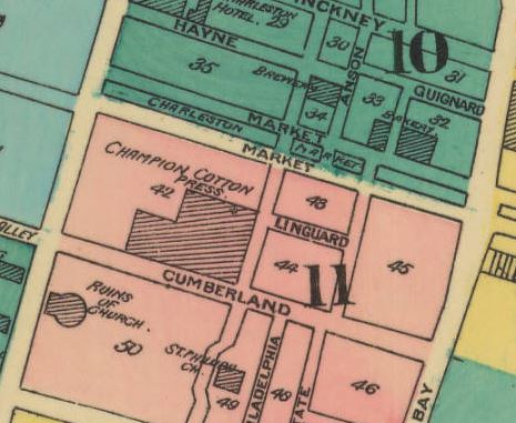 The massive Champion Cotton Press Company, was one of several such businesses in Charleston. Extraordinary amounts of cotton were annually shipped from the port, and cotton bales were often hydraulically pressed into smaller units and more uniform sizes for easier shipping. Courtesy of the 1888 Sanborn Map.